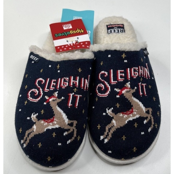 NEW Reef Tipsy Elves Sleighin It Slippers Size 5 Women’s Blue - Picture 1 of 8